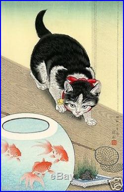 OHARA KOSON Shoson JAPANESE Woodblock Print SHIN HANGA Cat & Goldfish Bowl