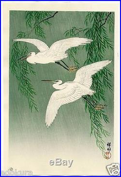 OHARA KOSON Shoson JAPANESE Woodblock Print White Herons and Willow in Rain