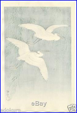 OHARA KOSON Shoson JAPANESE Woodblock Print White Herons and Willow in Rain