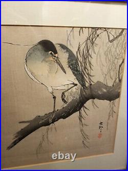 OHARA SHOSON KOSON Japanese Woodblock Print NIGHT HERON ON WILLOW BRANCH