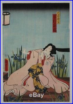 ORIGINAL Antique EDO Kunisada Utagawa Japanese TRIPTYCH Woodblock Print Samurai
