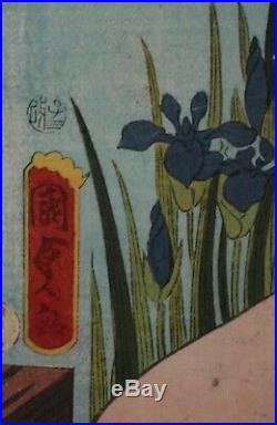 ORIGINAL Antique EDO Kunisada Utagawa Japanese TRIPTYCH Woodblock Print Samurai