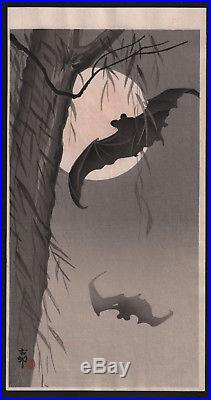 ORIGINAL Japanese Woodblock Print by OHARA KOSON Bats before Full Moon