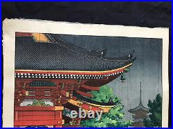 ORIGINAL Koitsu Tsuchiya Woodblock Print Of Rain At Asakusa Kannon Temple, 1930s