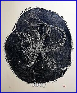 Octopus woodcut, japanese woodblock print, HUGE print oversized large Lino print