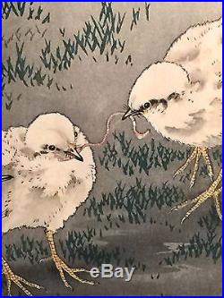 Ohara Koson 1877-1945 Japanese Vintage Woodblock Print Small Chickens With Worm