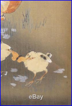 Ohara Koson, Antique Original Japanese Woodblock Print, Rooster And Two Chicks