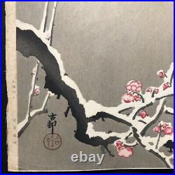 Ohara Koson Japanese Woodblock Print Sparrows Above Snow-Covered Plum Tree