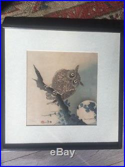 Old Estate artist marks Japanese WOODBLOCK PRINT Shoson Koson signed paper Owl