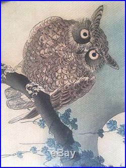 Old Estate artist marks Japanese WOODBLOCK PRINT Shoson Koson signed paper Owl