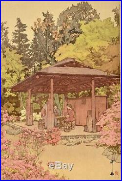 Old Japanese Hiroshi Yoshida Unmounted Woodblock Print Azalea Garden Signed