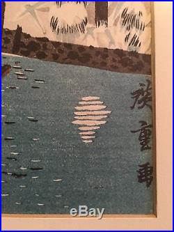 Old Japanese Woodblock Print of Military Fort and Mt Fuji in Snow, signed