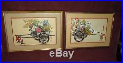 Old or Antique Japanese Woodblock Print Pair Flower Cart