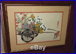 Old or Antique Japanese Woodblock Print Pair Flower Cart