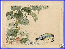 Orig 1892 KEINEN JAPANESE Woodblock KACHO Flower Print Bird and Lantern Plant