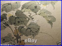 Orig 1892 KEINEN JAPANESE Woodblock KACHO Flower Print Bird and Lantern Plant