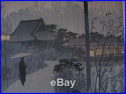 Orig Vntg 1938 Japanese Woodblock SHIRO KASAMATSU Rainy Night at Shinobazu Pond