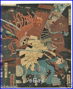 Orig YOSHITORA EDO Antique JAPANESE Woodblock Diptych Print SAMURAI Battle