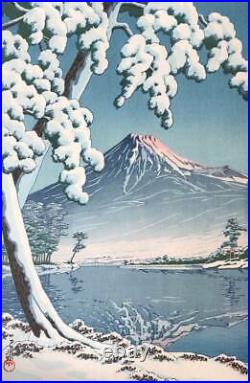 Original 1932 Kawase Hasui Snow on a clear day at Mt. Fuji Woodblock Print