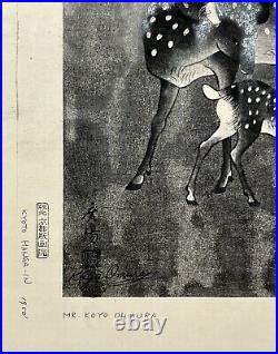 Original 1951 Koyo Omura Japanese Woodblock Print, Deer in the Mist, Matted, Old