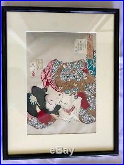 Original Framed Yoshitoshi Tiresome Japanese Woodblock Print 1888 Cat