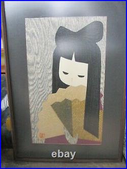 Original Hand Signed Kaoru Kawano Modern Japanese Woodblock,'Girl w Fan' c 1950