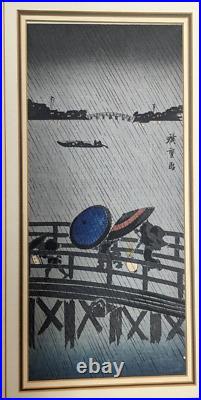 Original Hiroshige IV Japanese Woodblock print showers 6.5 x 15 inches