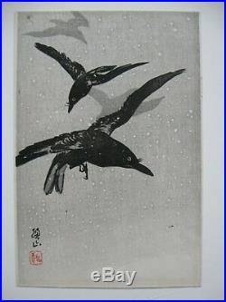 Original Ito Sozan Woodblock Print Crows Flying In Snow Terazaki Kogyo-rare