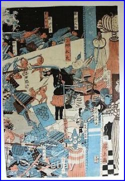 Original Japanese Woodblock Print Battle Fish Vs Vegitables Samurai Hirokage