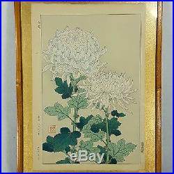 Original Japanese Woodblock Print KAWARAZAKI SHODO White Mums Bamboo Frame
