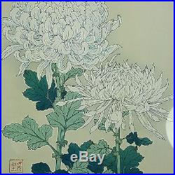 Original Japanese Woodblock Print KAWARAZAKI SHODO White Mums Bamboo Frame