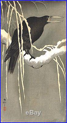 Original Japanese Woodblock Print Koson Crow on a Snowy Bough