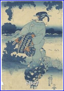 Original Japanese Woodblock Print, Kuniyoshi, Beauty, Blue Pigment, Ukiyo-e