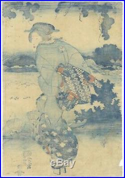 Original Japanese Woodblock Print, Kuniyoshi, Beauty, Blue Pigment, Ukiyo-e