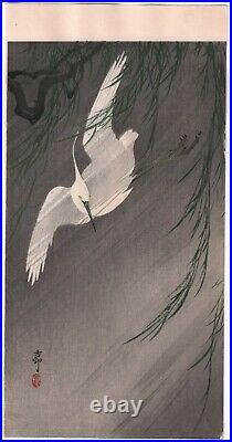 Original Japanese Woodblock Print OHARA KOSON Egret in Storm c. 1910's