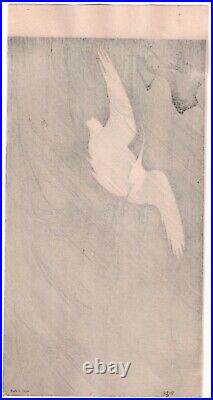 Original Japanese Woodblock Print OHARA KOSON Egret in Storm c. 1910's