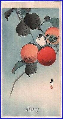Original Japanese Woodblock Print OHARA KOSON Nuthatcher & Persimmon c. 1910's