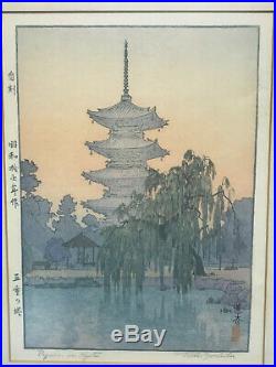 Original Japanese Woodblock Print Pagoda in Kyoto pencil signed Toshi Yoshida