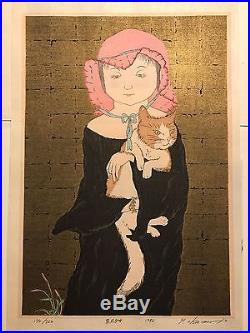 Original Japanese Woodblock Print Ryusei Yoshimi Okamoto A Girl In Black w Cat