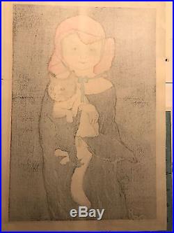 Original Japanese Woodblock Print Ryusei Yoshimi Okamoto A Girl In Black w Cat
