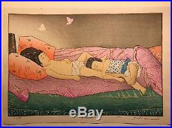 Original Japanese Woodblock Print Ryusei Yoshimi Okamoto Dream 1977 Kids Sleep