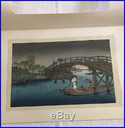 Original Japanese Woodblock Print Shoda Koho Sumida River w Bridge Boat in Rain