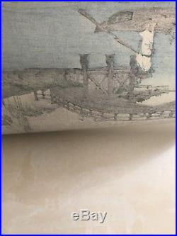 Original Japanese Woodblock Print Shoda Koho Sumida River w Bridge Boat in Rain