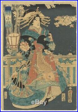 Original Japanese Woodblock Print, Toyokuni III, Tea House, Beauty, Ukiyo-e