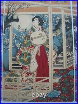 Original Japanese Woodblock Print Triptych 1800's Ukiyo-e. Lot # 5