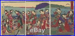 Original Japanese Woodblock Print, Ukiyo-e, Chikanobu, Enoshima, Japan, Beauty