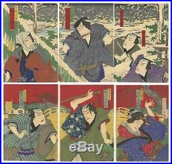 Original Japanese Woodblock Print, Ukiyo-e, Set of 2 Kabuki Triptychs, Snow Scene