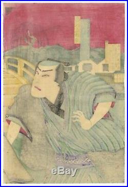Original Japanese Woodblock Print, Ukiyo-e, Set of 2 Kabuki Triptychs, Snow Scene