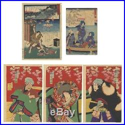 Original Japanese Woodblock Print, Ukiyo-e, Set of 3, Kabuki, Kannon, Genji