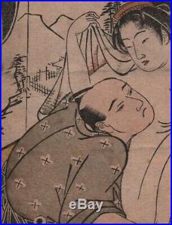 Original Japanese Woodblock Print by KATSUKAWA SHUNCHO Shunga Amorous Couple